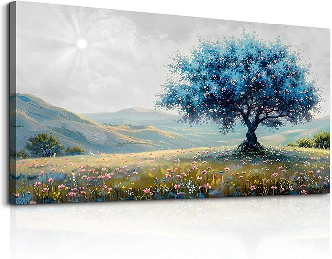 FUHAIHUA Large Wall Decor For Living Room Canvas Wall Art For Office Modern Wall Decorations For Bedroom Pastoral Landscape Painting Blue Tree Pictures Artwork Room Aesthetic Home Decor 24x48 In