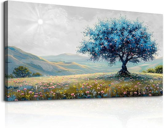 FUHAIHUA Large Wall Decor For Living Room Canvas Wall Art For Office Modern Wall Decorations For Bedroom Pastoral Landscape Painting Blue Tree Pictures Artwork Room Aesthetic Home Decor 24x48 In