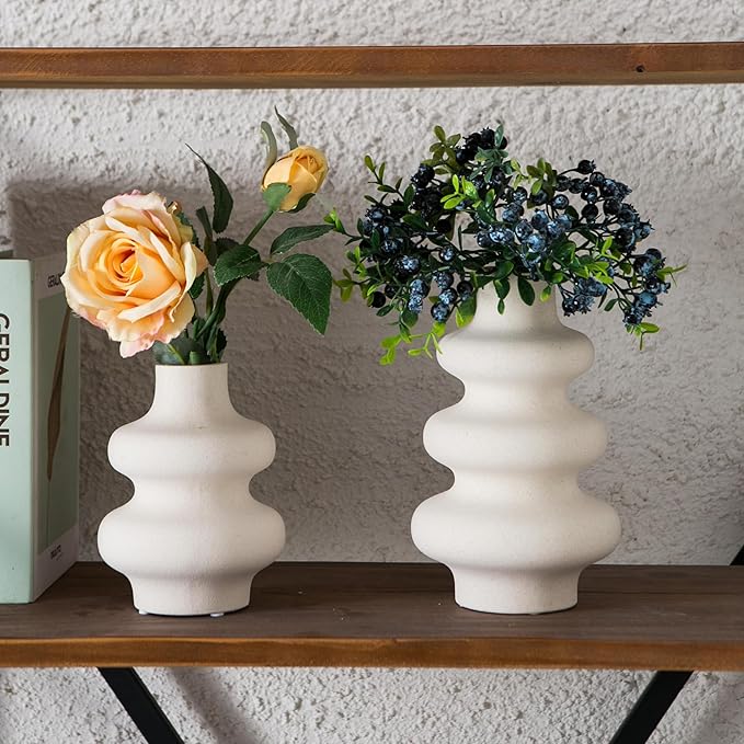 Ceramic Vase Set of 2, Off White Boho Vase for Modern Home Decor, Round Vases for Dried Flower, Pampas Grass, Pottery Vases for Office Centerpieces Wedding Dinner Table