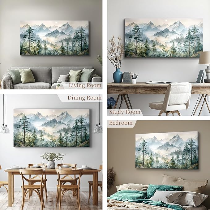SERIMINO Large Canvas Wall Art for Living Room, Mountain Forest Landscape Canvas Prints Paintings, Nature Scenery Wall Decor, Green Modern Home Bedroom Bathroom Pictures Home Decor 30"X60"