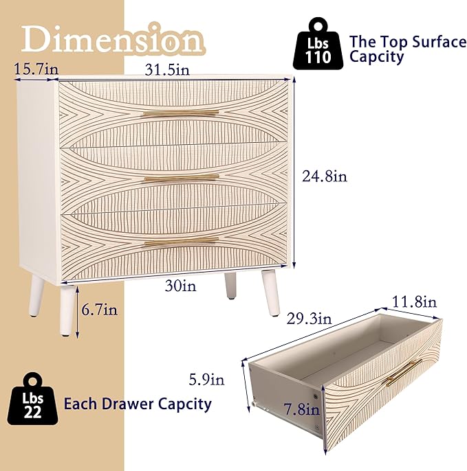 3 Drawer Dresser Set of 2, White Dresser for Bedroom, Chest of Drawers with Metal Handle, Including 2 Drawer Nightstand Set of 2 for Enterway, Texture Beige, 2 PCS