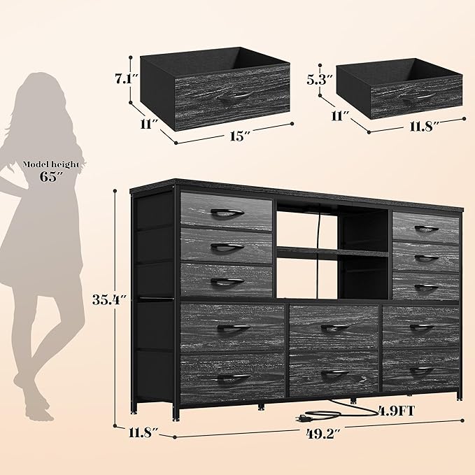 EnHomee Black Dresser with LED Lights & Power Outlets, 12 Drawers Dresser TV Stand for 60''TV Stand for Bedroom Fabric Dressers & Chest of Drawers, Sturdy Metal Frame, for Closet, Living Room,Hallway