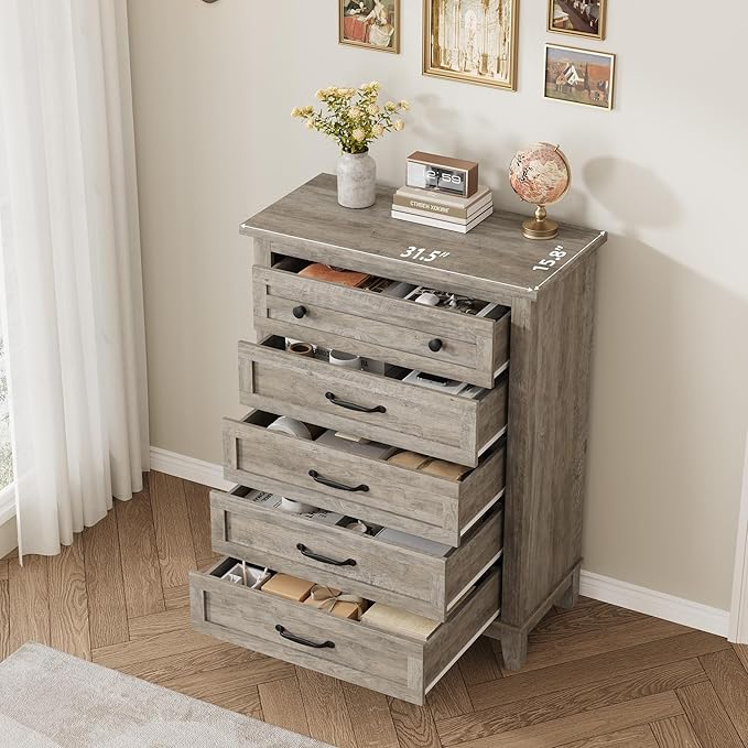 GarveeHome 5 Dresser for Bedroom, 41.3" Tall Vertical Drawer Dresser with Large Storage, Freestanding Wooden Closet Chest for Bedroom, Living Room, Grey