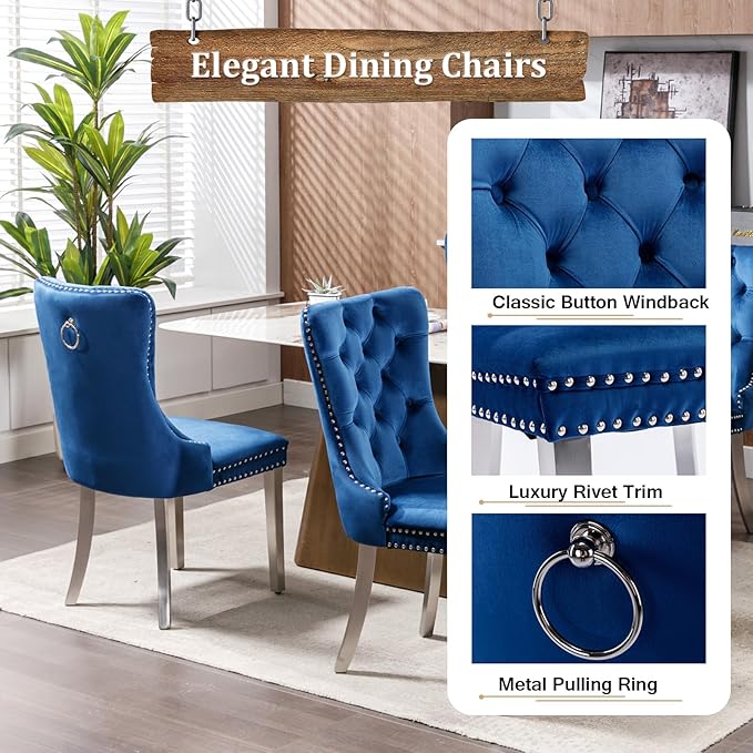 70" Modern Silver Glass Dining Table Set for 4, 5-Piece Rectangle Kitchen Dining Room Table Set with Steel Base & 4 Blue Velvet Upholstered Chairs, Modern Glass Kitchen Table and Chairs Set of 4