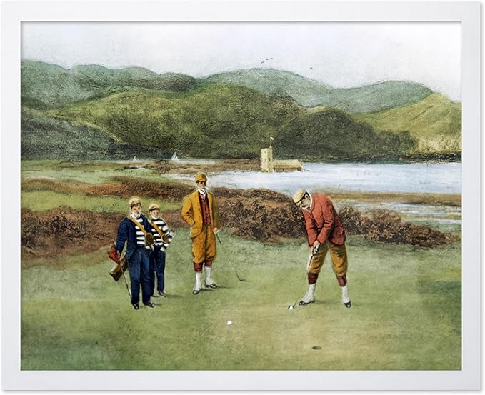 Poster Master The Putting Green Painting Poster - Golf Course Print - Golf Art - River Art - Sports Art - Landscape Art - Father's Day Art - Great Office or Living Room Decor, 8x10 White Framed