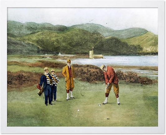 Poster Master Golf Course Print - The Putting Green Painting Poster - Golf & River Art - Landscape Wall Design - Sports Art - Great Office or Living Room Wall Decor - 16x20 White Framed