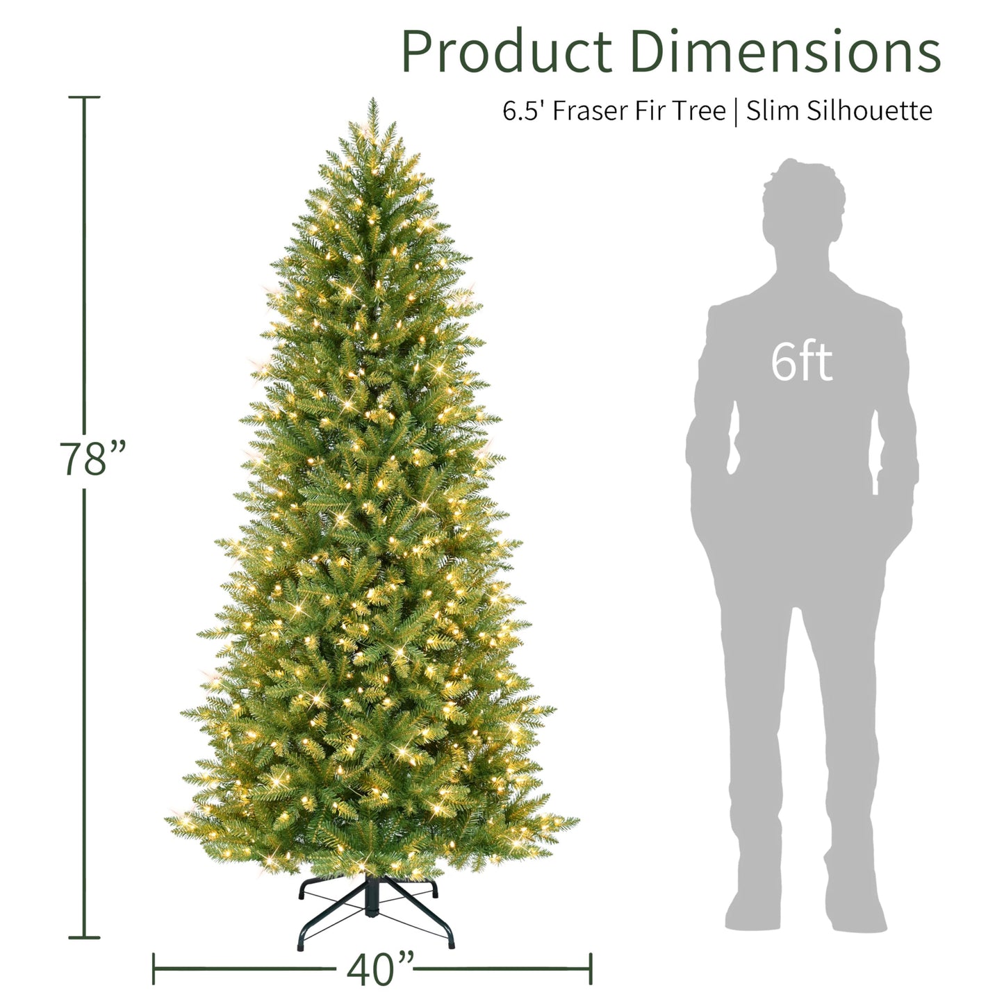 Puleo International 6.5 Foot Pre-Lit Slim Fraser Fir Artificial Christmas Tree with 350 UL Listed Clear Lights, Green