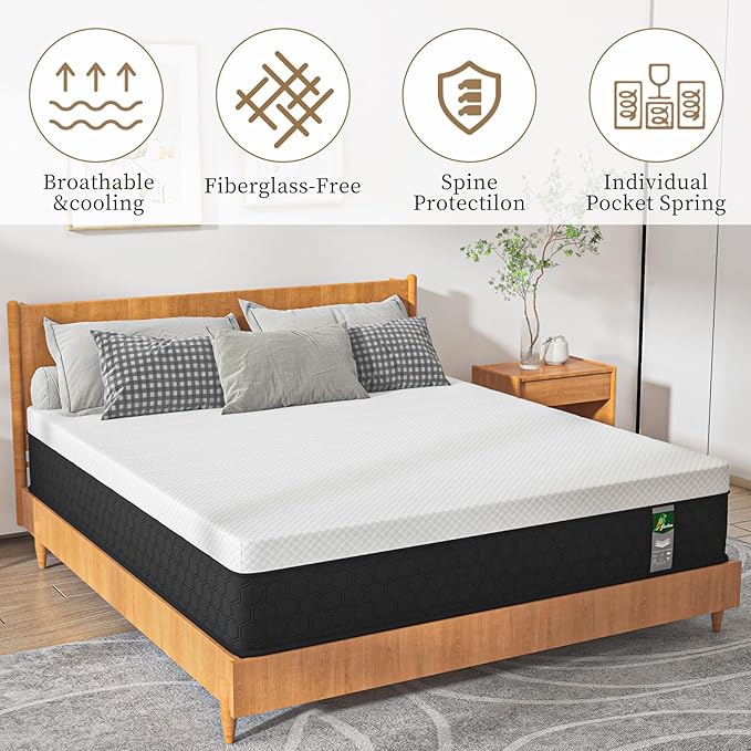 Full Size Mattress, 10 Inch Innerspring Hybrid Mattress in a Box with Memory Foam for Back Pain Relief, Medium Firm Matress with Motion Isolation & Strong Edge Support