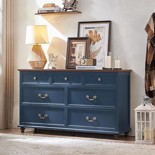 Farmhouse 7 Drawers Dresser for Bedroom, Navy Blue 54 Inch Wide Chest of Drawers w/ 4 Wooden Legs, Large Vintage Rustic Closet Dressers for Living Room, Wood TV Stand with Storage Organizer
