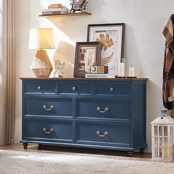 Farmhouse 7 Drawers Dresser Sets of 2 for Bedroom, Navy Blue 54 Inch Wide Chest of Drawers w/ 4 Wooden Legs, Large Vintage Rustic Closet Dressers for Living Room, Wood TV Stand