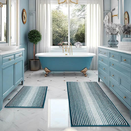 BSICPRO Bathroom Rugs and Mats Sets, 2 Piece Thick Absorbent Chenille Bath Mat Rug Set Non Slip, Soft Shaggy Bath Room Floor Mats for Bathroom, Machine Washable (Teal, 20" x 47" Plus 20" x 32")