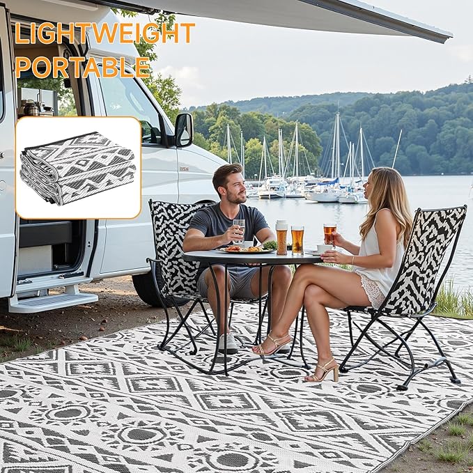 Outdoor Rug Waterproof 5x8 ft, Reversible Outdoor Plastic Straw Rug Patio Rug, RV Rugs for Outside, Outdoor Carpet for Patio Camping Deck Balcony Backyard, Gray & White