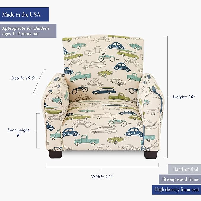 Kid Rocking Chair for Toddlers, Child Chair for Little Kids, Upholstered Toddler Armchair for Children, Comfy and Cute Little Kid Chairs (Legs, Cars & Trucks Print)