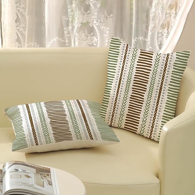 Boho Pillow Covers 18x18 Set of Brown Sage Green Stripes Throw Pillow Covers Outdoor Decoration,Abstract Modern Bohemian Farmhouse Linen Decorative Cushion Cover for Home Sofa Couch