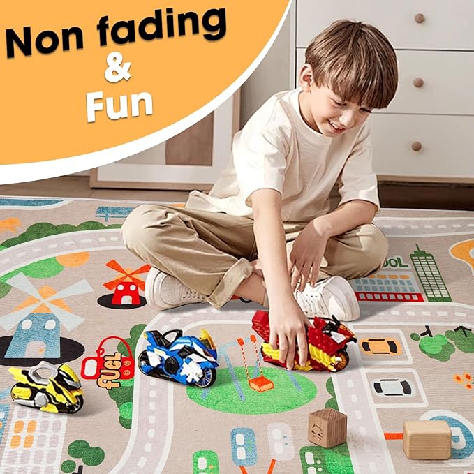 IKITOT Kid Rug Carpet Playmat for Toy Cars and Train，Play Area Rug with Rubber Backing，Fun Throw Rug，Ideal Gift for Children Baby Bedroom Play Room(80×120cm/32×47in)