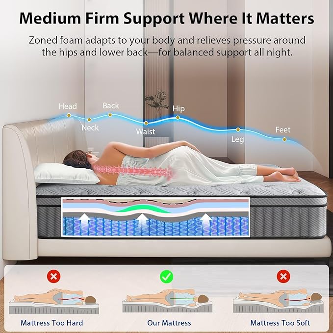 Twin Mattress 10 Inch, Medium Firm Hybrid Mattress with Lumbar-Zoned Foam and Pocket Springs for Motion Isolation and Edge Support