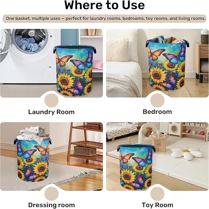 Butterfly Sunflower Laundry Basket - Heavy Duty 60L Dirty Clothes Organizer, Water Resistant Foldable Hamper for Men Women