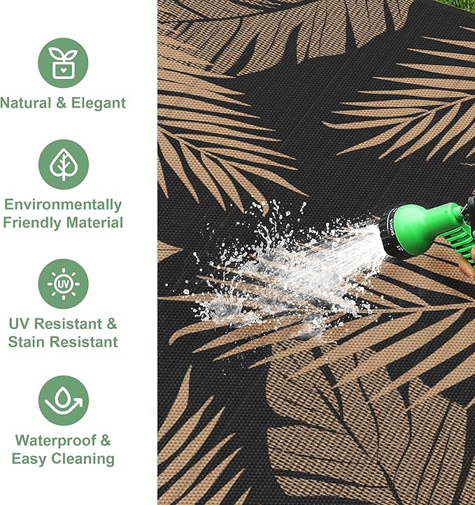 Outdoor Rug 9’x12’ Waterproof for Patio Clearance, Reversible Indoor Outdoor Plastic Straw Camping Rug Carpet, RV Mat, Large Area Rug for Deck, Backyard, Balcony, Porch, Beach, Black & Brown