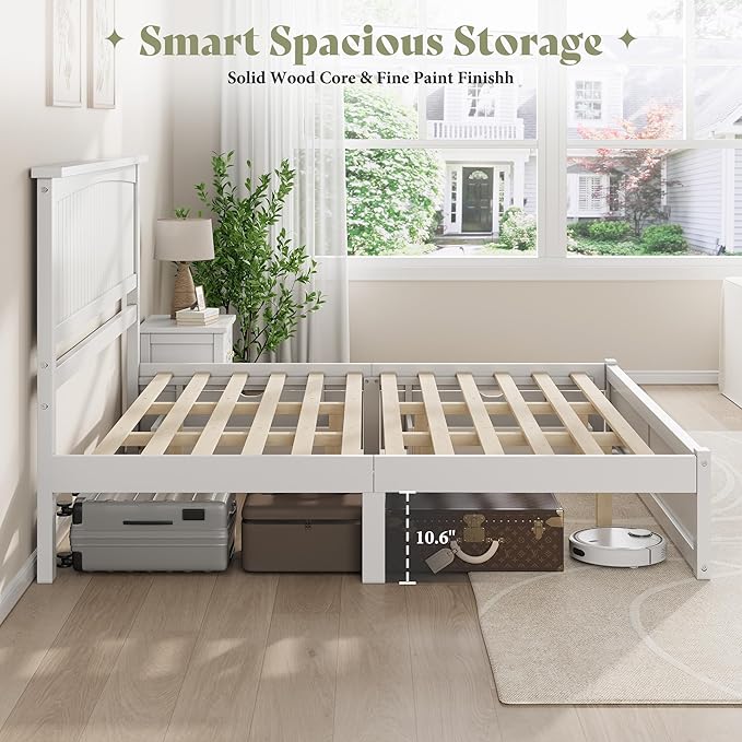 AMERLIFE King Size Solid Wood Bed Frame with 50" Tall Headboard, Mid-Century Modern Bed with Storage, Wooden Platform Bed with 2 Drawers, No Box Spring Needed, White