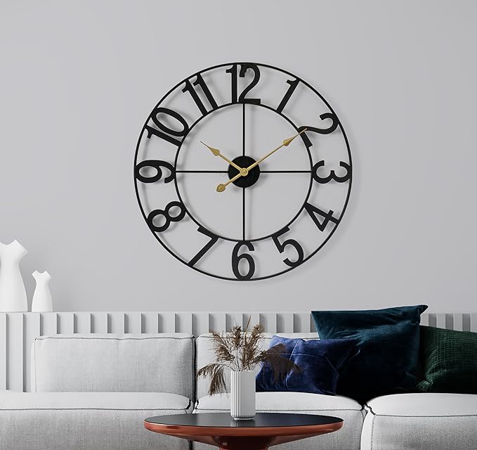 Sorbus 24-Inch Large Wall Clock – Decorative Black Metal Clock with Gold Hands – Silent, Battery Operated, Modern Wall Decor for Living Room, Kitchen, or Office – Great Gift for Housewarming or Office