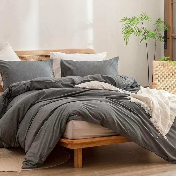 BESTOUCH Duvet Cover Set 100% Washed Cotton Linen Feel Super Soft Comfortable Chic Lightweight 3 PCs Home Bedding Set Solid Dark Grey King