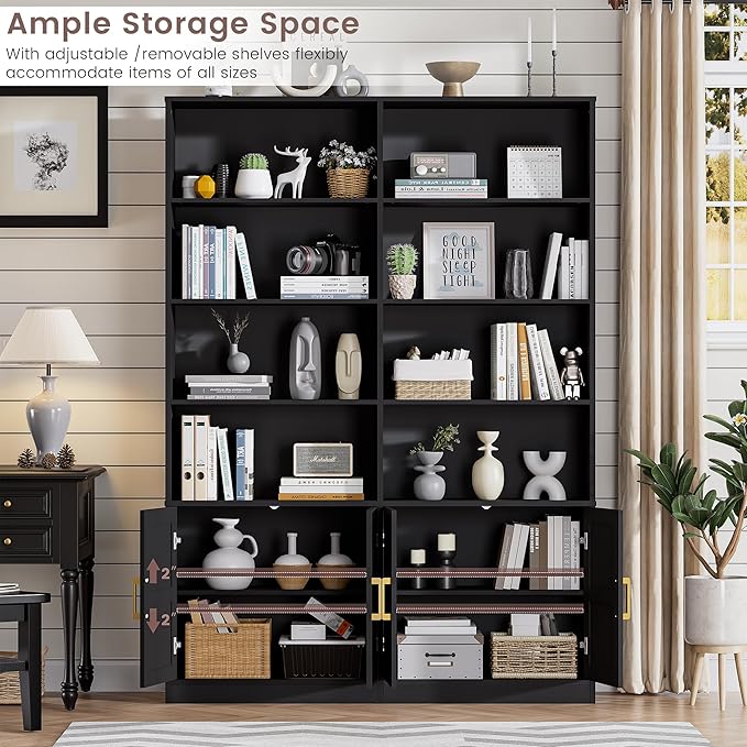 Farmhouse Bookshelves and Bookcases with 4 Doors, 6 Tier Large Book Shelf with Storage Cabinets, Standing Display Storage Shelves, 71” Tall Book Case for Living Room, Home Office, Black