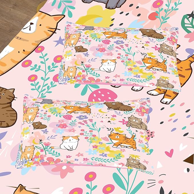 Tailor Shop Cat Comforter Sets King Size,Pink Cat Bedding Sets for Girls Kids Teens with 2 Pillowcase…