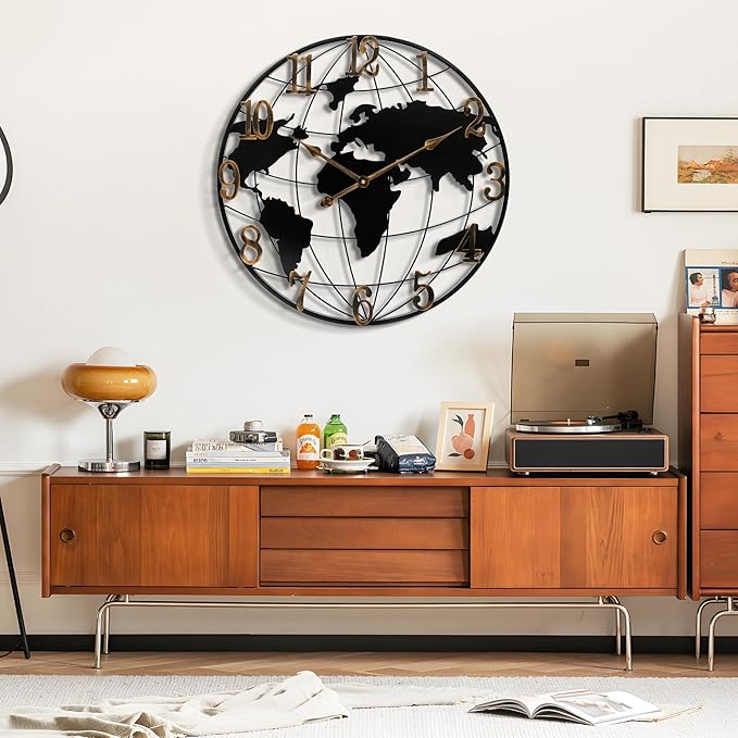 Large Round Metal World Map Clock - 16 Inch Minimalist Modern Silent Non-Ticking Battery Operated Wall Clock for Living Room, Kitchen, Office, Farmhouse Home Decor