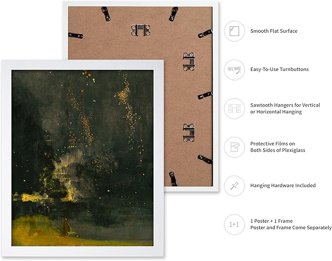 Poster Master Vintage Nocturne in Black and Gold Painting Poster - Retro The Falling Rocket Print - Abstract Art - Moody Art - Landscape Art - Office or Living Room Decor, 16x20 White Framed