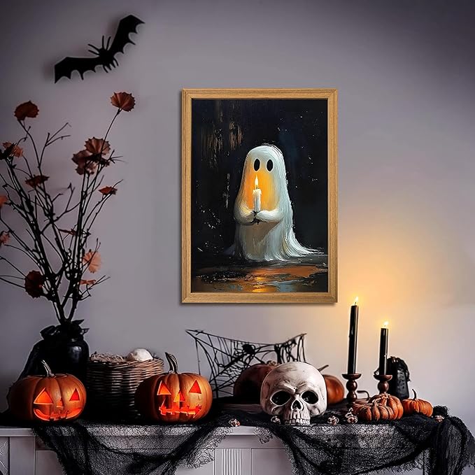 Framed Vintage Halloween Ghost Wall Art - Spooky Candle Ghost Fall Texture Pictures Wall Decor for Living Room, Kids Room, Halloween Bedroom or Party 16x24 inch