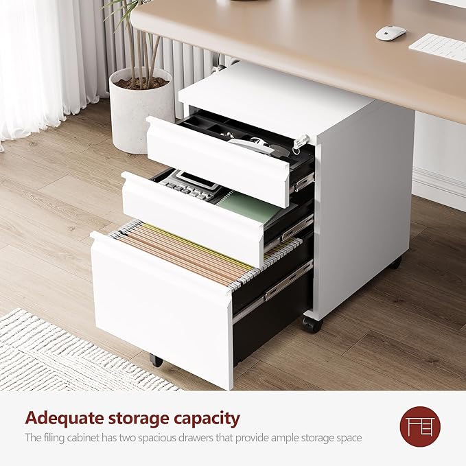 3 Drawer File Cabinet，Mobile Filing Cabinet with Lock and Wheels，Un-Assembled Metal Under Desk File Cabinets for A4/Letter/Legal Size（White
