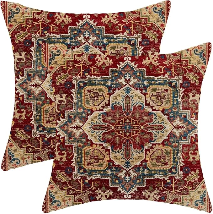 BETGINY Boho Pillow Covers 20 x 20 Inch Pack of 2, Burgundy Red Bohemian Rug Carpet Pattern Decorative Throw Pillow Cases Outdoor Linen Farmhouse Cushion Cover for Bedroom Home Sofa Decor