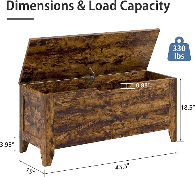 VECELO 43.3" Farmhouse Style Storage Bench, Entryway Shoe Ottoman, with Handwoven Cushion, with Metal Safety Hinges, for Bedroom, Living Room, Entryway, Brown