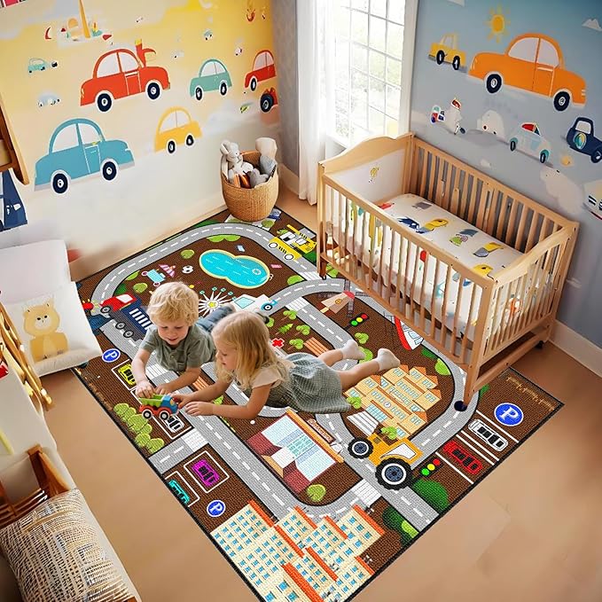 Car Rugs for Kids Toy Cars - City Life Road Rug for Playroom Car Track Rug Car Carpet for Kids Boys Living Room Bedroom Classroom, 3'×5'