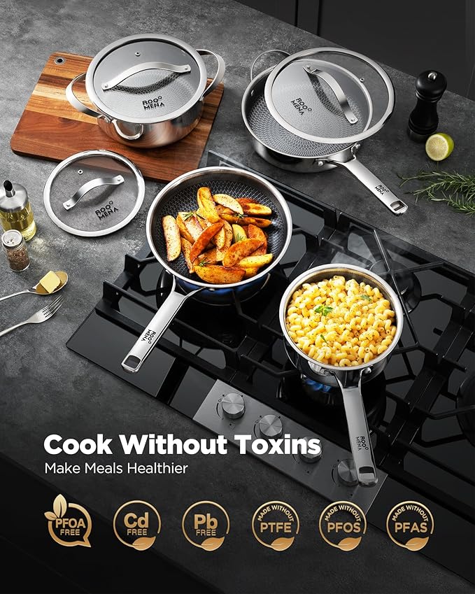 Nonstick Frying Pan Set with 2 Lid, Non-Toxic Tri-Ply Hybrid Ceramic Skillet 3 Piece, 8, 10 & 12 Inch Stainless Steel Pans, PFAS/PFOA/PTFE Free, Dishwasher & Oven Safe, Induction Compatible