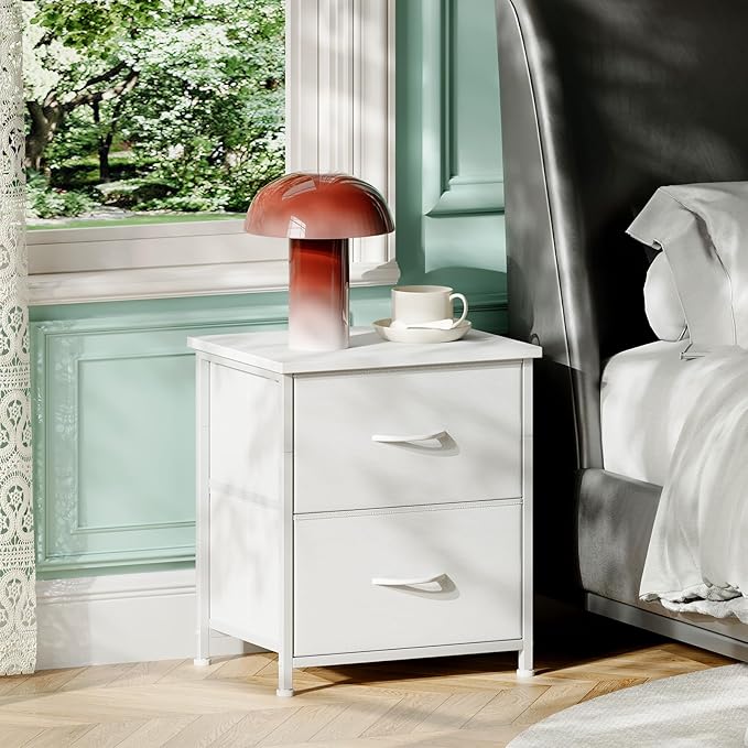 Somdot White Nightstand Set of 2, Small Dresser for Bedroom with 2 Drawers, Bedside Table Night Stand End Table with Fabric Bins for Bedroom Kids Closet Dorm Guest Room, White Leather