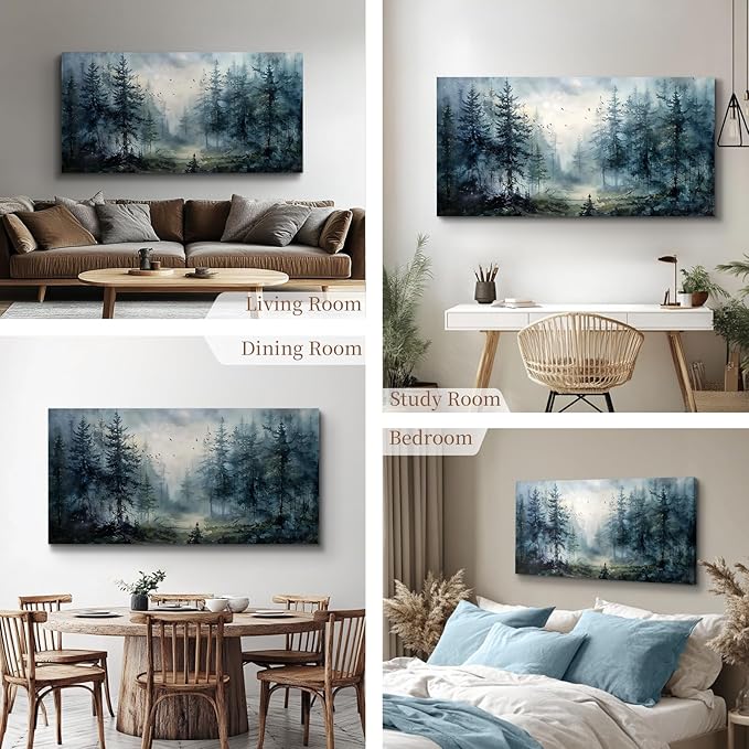 SERIMINO Large Wall Art for Living Room, Landscape Canvas Prints Paintings, Foggy Forest Pictures Wall Decor Aesthetic, Pine Trees Modern Home Decor, Bedroom Bathroom Office Artwork 24"X48"
