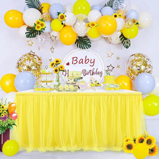 Suppromo 14ft Yellow Tulle Tutu Table Skirt for Birthday Party Girls Boys Baby Shower Wedding Cake Dessert Table Decorations