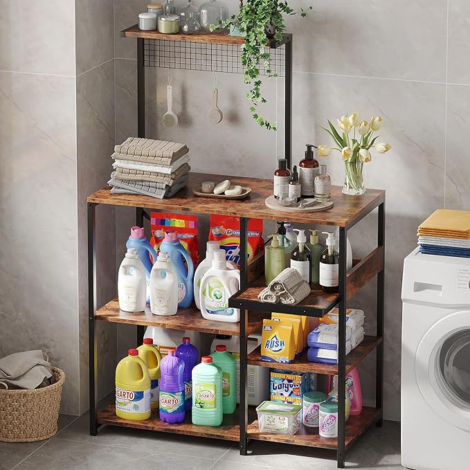 Zenira 7 Tiers Kitchen Bakers Rack with Storage Shelves, 36 Inch Microwave Stand, Coffee Bar Cart Station with 3 S Hooks, Kitchen Shelves for Pantry, Spices, Pots, Utensils, Rustic Brown