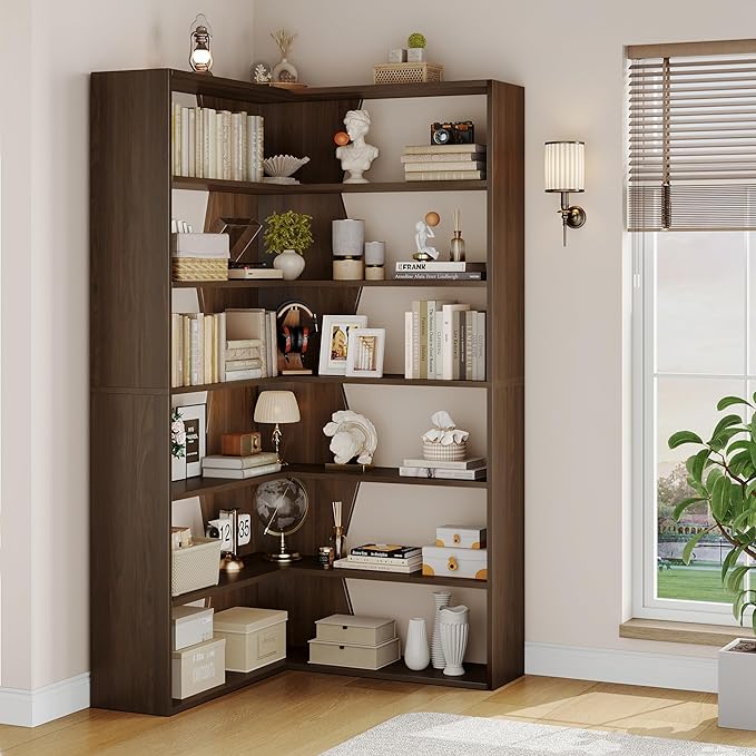 6-Tier Corner Bookshelf, Modern Bookshelf and Bookcase, Tall Bookcase Open Display Storage, L Shaped Corner Shelf for Library, Living Room, Home Office, Rustic Brown