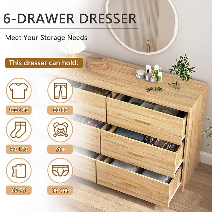 Dresser for Bedroom,Modern 6 Drawer Dresser with Deep Drawer and Gold Handle,Wood Chest of Drawer for Living Room,Hallway,Bedroom Storage Furniture