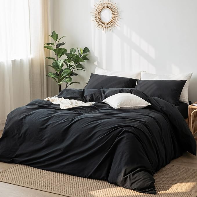 MooMee Bedding Duvet Cover Set 100% Washed Cotton Linen Like Textured Breathable Durable Soft Comfy (Solid Black, Oversized King Plus 128"x120")