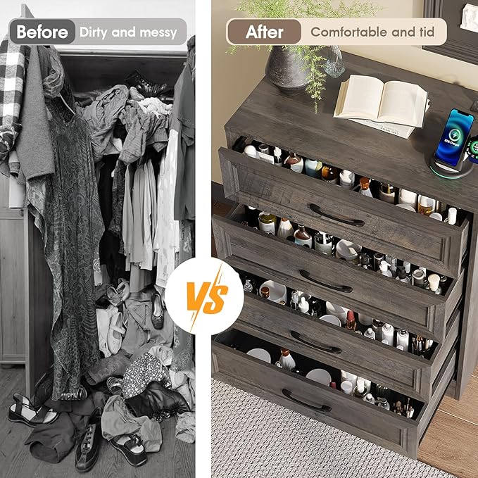 Fameill Dresser for Bedroom, 4 Drawer Small Dresser Organizer with Charging Station for Livingroom, Chest of Drawers with Metal Handles, Ash Grey
