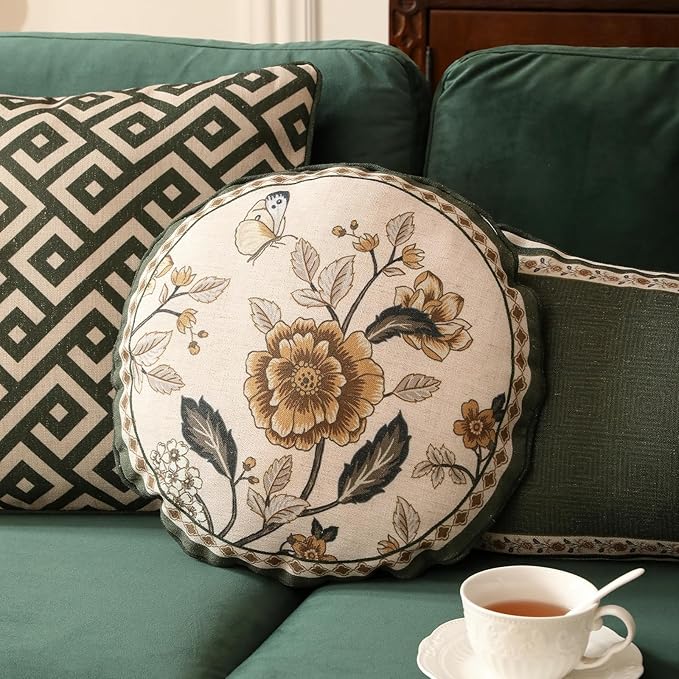 Design Linen Chinoiserie Round Throw Pillow Covers Diameter 16" Pack of 2, Farmhouse Cushion Covers with Yellow Floral Birds Pattern Decoration Pillowcases for Bed,Living Room,Outdoor,Car