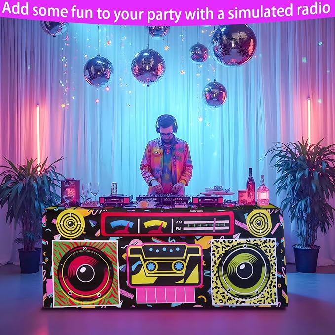 8FT 80s 90s Theme Party Tablecloth, 80s 90s Decorations for Back to 80s 90s Hip Hop Birthday Party