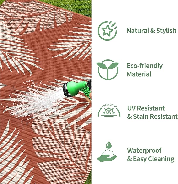 GENIMO Outdoor Rug 5' x 8' Waterproof for Patios Clearance, Reversible Plastic Straw Camping Carpet, Large Area Rugs Mats for RV, Picnic, Backyard, Deck, Balcony, Porch, Beach, Brick&Red