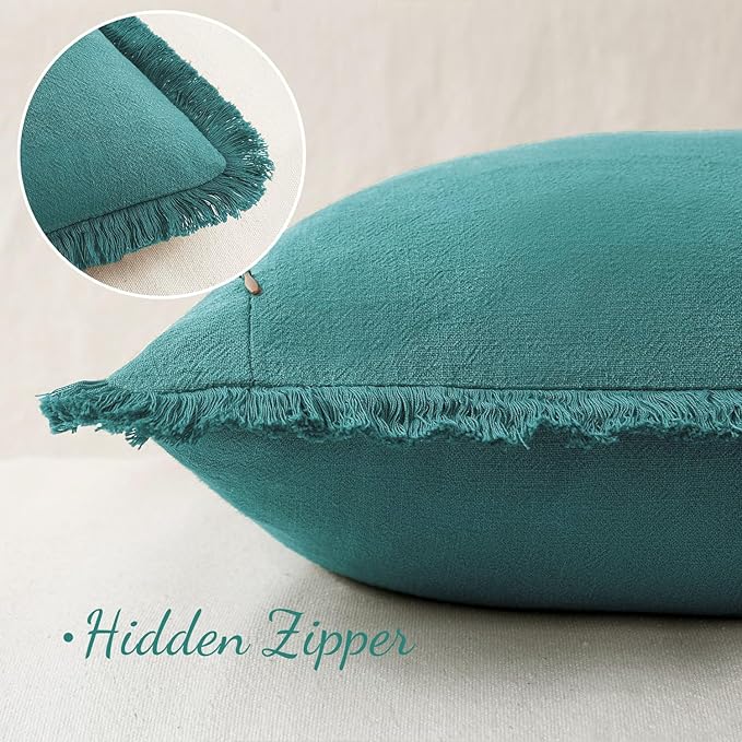 MIULEE Decorative Throw Pillow Covers Neutral Linen Fringe Throw Pillows Set of 2 Teal Boho Farmhouse Cushion Covers with Tassels for Couch Sofa Bed Living Room Spring Home Decor 20x20 Inch