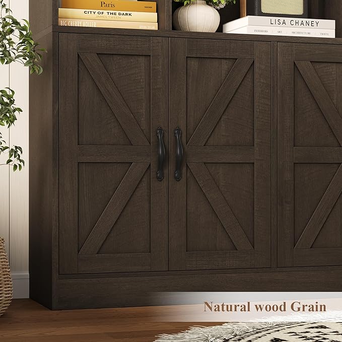 HOSTACK 75” Tall Book Shelf and Bookcase, Bookshelf with Storage Cabinet, 47” Wide Bookcase with 4 Doors, Standing Display Shelves, Modern Farmhouse Book Case for Living Room, Home Office, Dark Brown