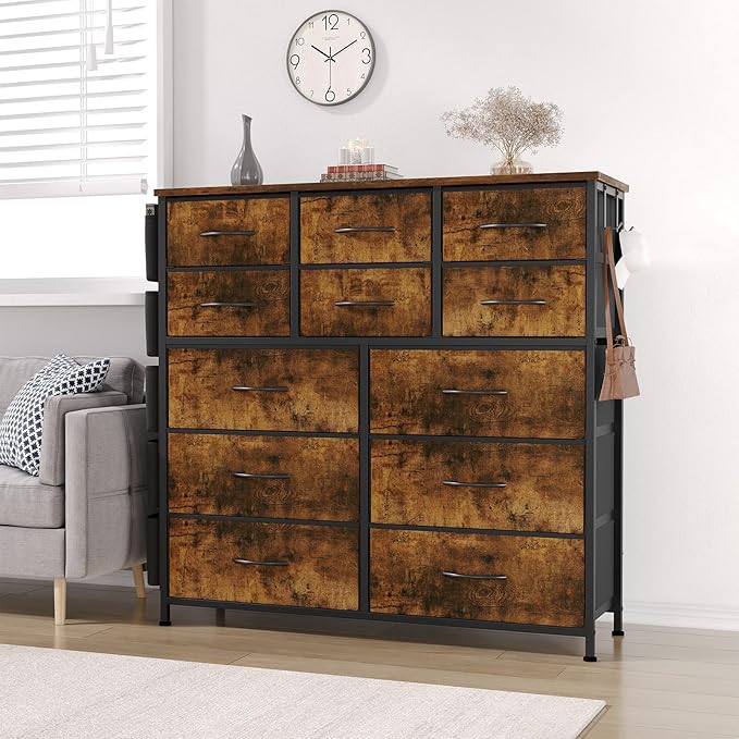 Dresser for Bedroom with 12 Drawers, Tall Dresser Chest of Drawers with 5 Side Pockets and Hooks, Wooden Top Fabric Dresser Storage Tower for Closet, Hallway, Living Room, Rustic Brown