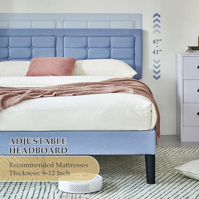 VECELO Queen Size Bed Frame with Adjustable Headboard, Upholstered Button Tufted Platform Bedframe with Wood Slats Support, No Box Spring Needed, Light Blue